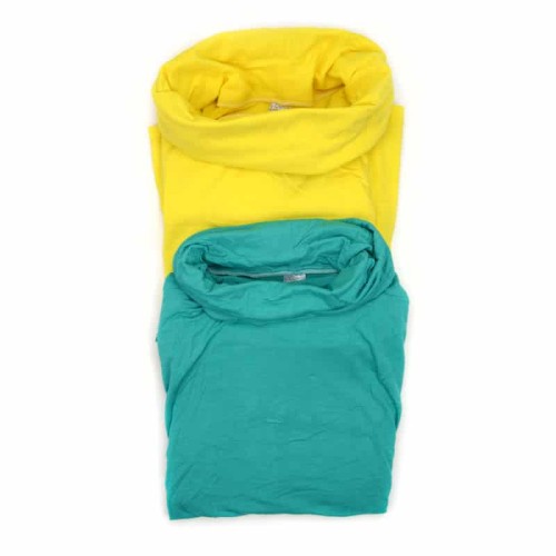 Two shits with cowls, they come in bundles of two and have different colors, this bundle has yellow and teal