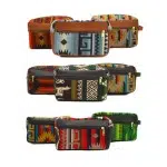 large leather dopp kit bag in tan, dark brown and black with tribal patterns