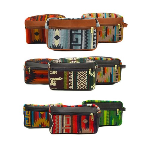 large leather dopp kit bag in tan, dark brown and black with tribal patterns