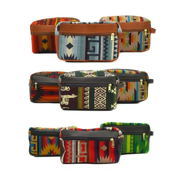 large leather dopp kit bag in tan, dark brown and black with tribal patterns