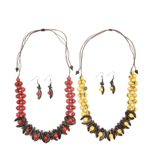 A picture of two acai and coco moon set, comes with two colors, red and yellow, both sets come with earrings and necklaces .