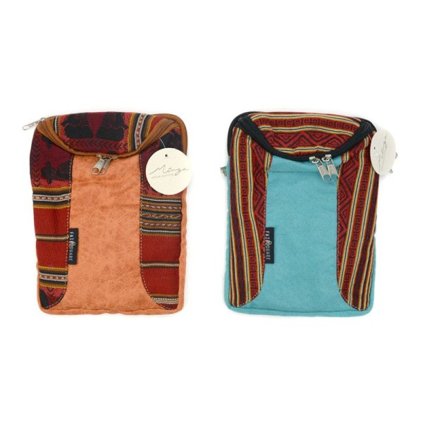 Red tribal pattern bags in tangerine and sky blue