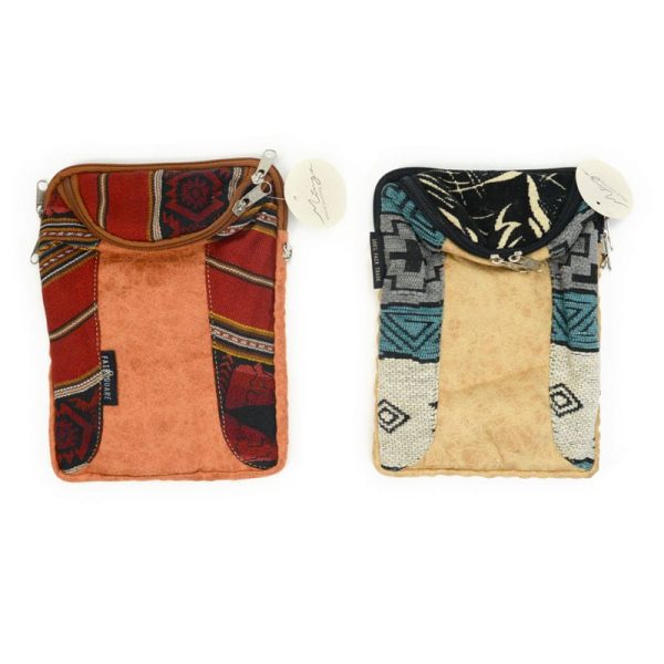 Tribal pattern bags in tangerine with red and tan with grey