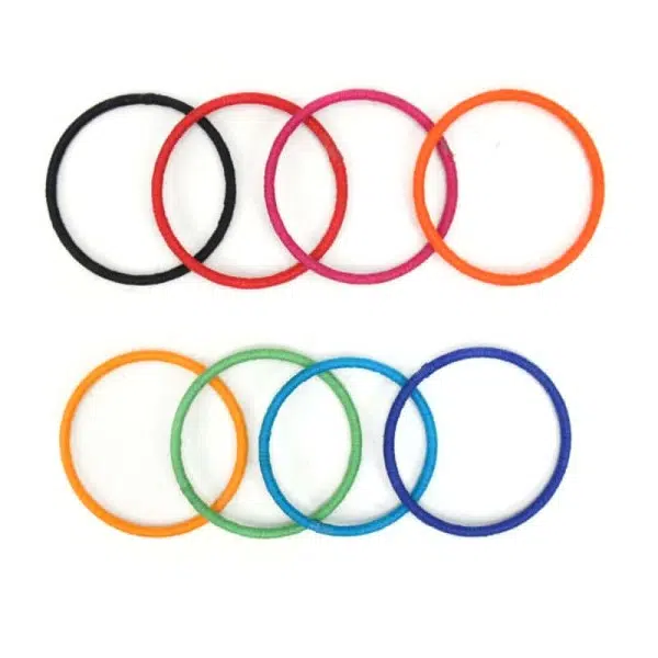 A picture of all the brightly colored kids bangle, they come in, black, red, pink, orange, yellow, green, turquoise, and purple.