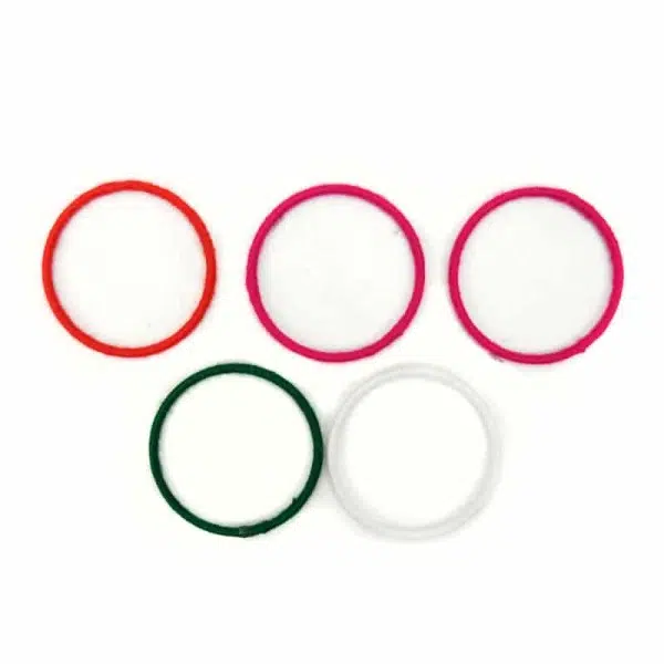 brightly colored hair ties, made for kids, comes in bundles. the colors in this set are, red, pink, pink, green, and white.