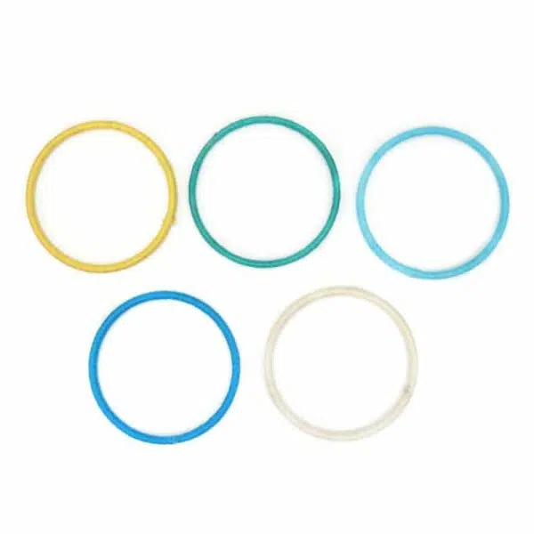brightly colored hair ties, made for kids, comes in bundles. the colors in this set are, yellow, turquoise, sky blue, blue and white.