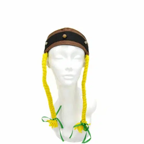 A headband with yellow curly hair with bows at the bottom