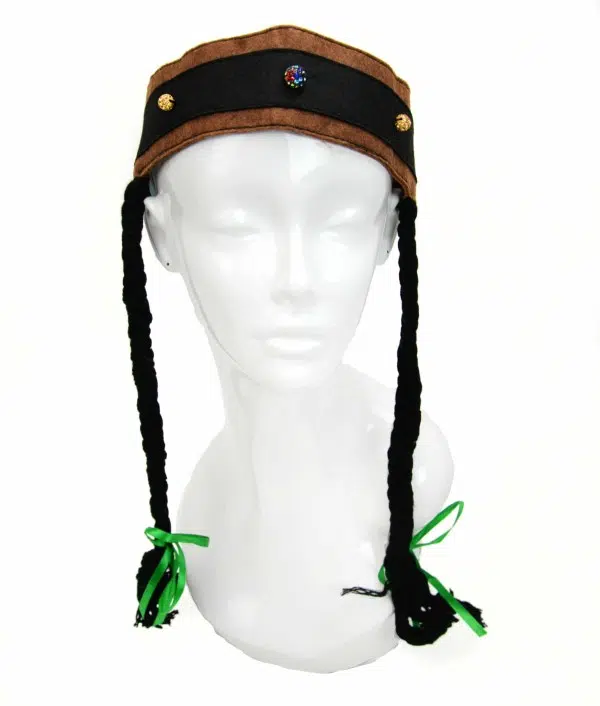 A headband with black curly hair with bows at the bottom