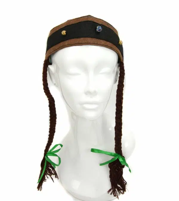 A headband with brown curly hair with bows at the bottom