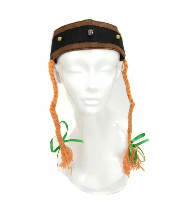 A headband with orange curly hair with bows at the bottom