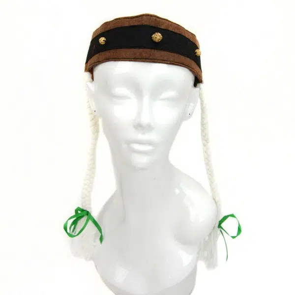 A headband with white curly hair with bows at the bottom