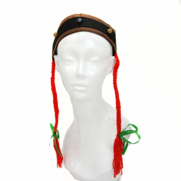 A headband with red curly hair with bows at the bottom