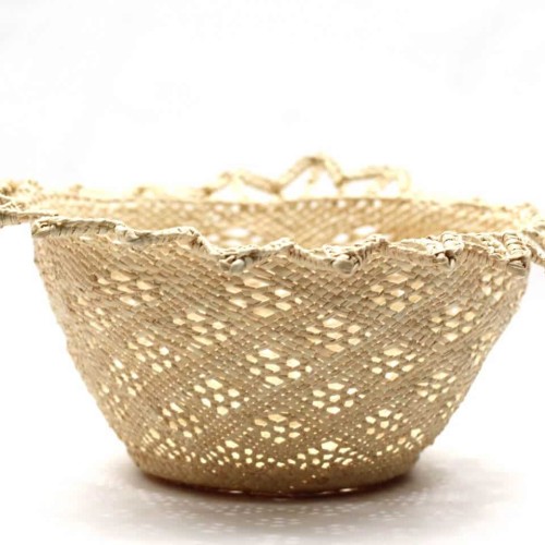 A straw woven basket, made to look like a designer basket