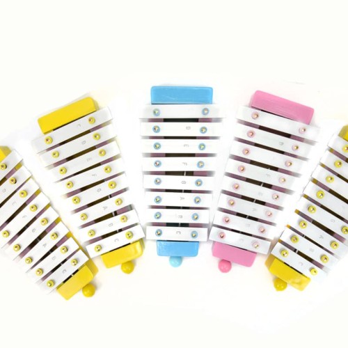 a bundle of five xylophone that comes in the color of yellow, blue and pink