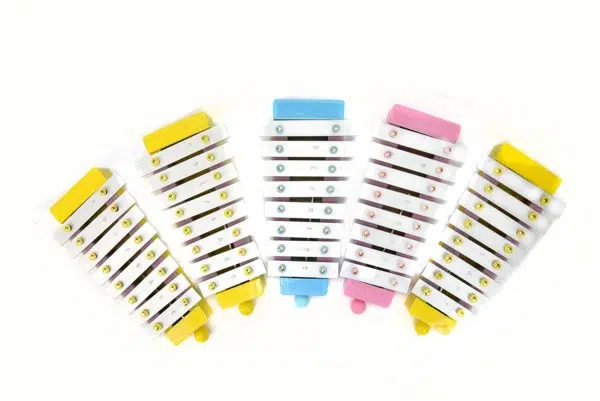 a bundle of five xylophone that comes in the color of yellow, blue and pink