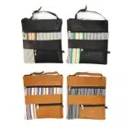 Black and tan leather sling bags with assorted striped pattern variations