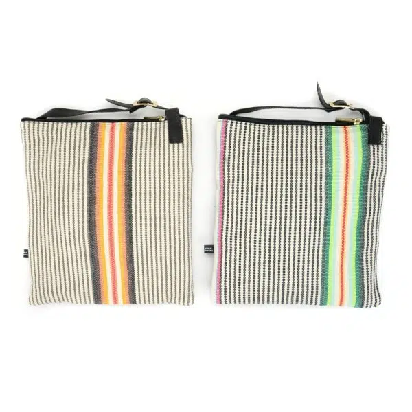 striped textile accent backing of 2 black leather sling bag
