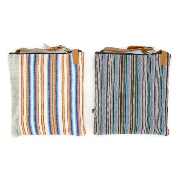 striped textile accent backing of 2 tan leather sling bags