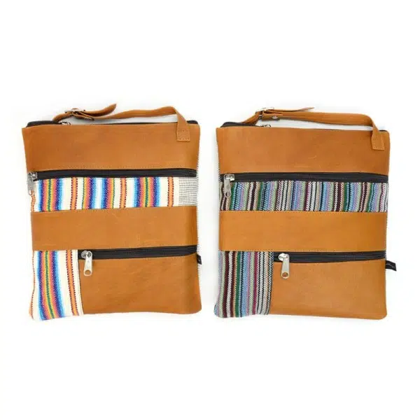 Tan leather sling bags with color striped textile accents