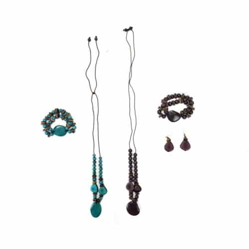 A picture of two bundles, this bundle comes with two necklaces two bracelets and one pair of earrings.