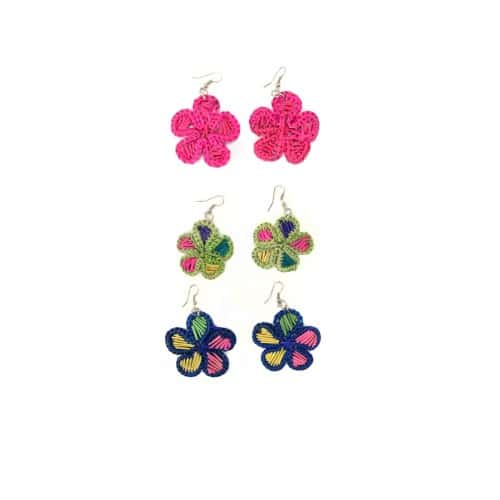 A picture of the woven flower earrings, they come in three colors, those colors are, pink, green/ multi, and blue/multi.