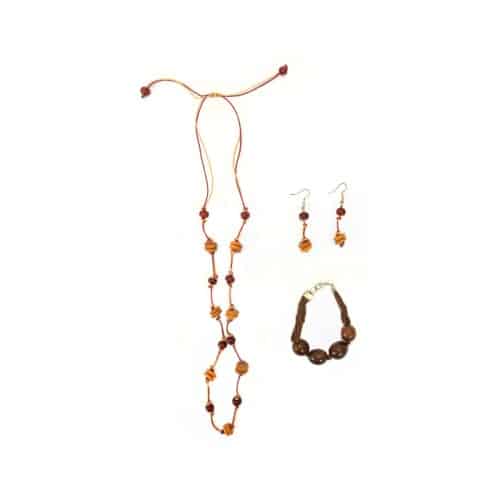 A picture of the brown and tan set, comes with a necklace, bracelet, and soem earrings.