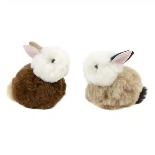 Fluffy rabbit plush toys made from genuine alpaca fur with different body colors.