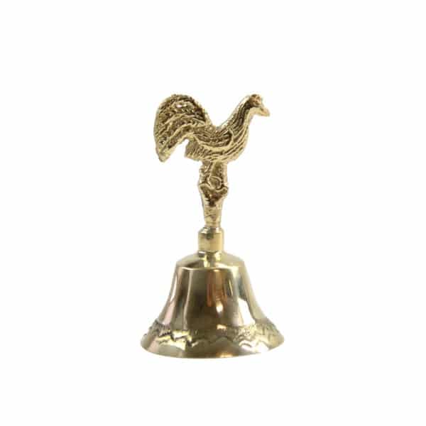 A charming brass bell embellished with a detailed rooster design, showcased against a white background.