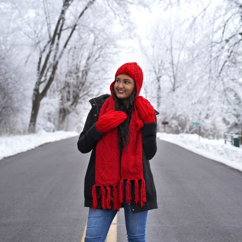 Hand Knit Wool Scarf Hat & Mitten Set