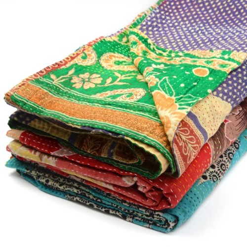Recycled 55" x 90" Cotton Sari Kantha Blanket - Lightweight