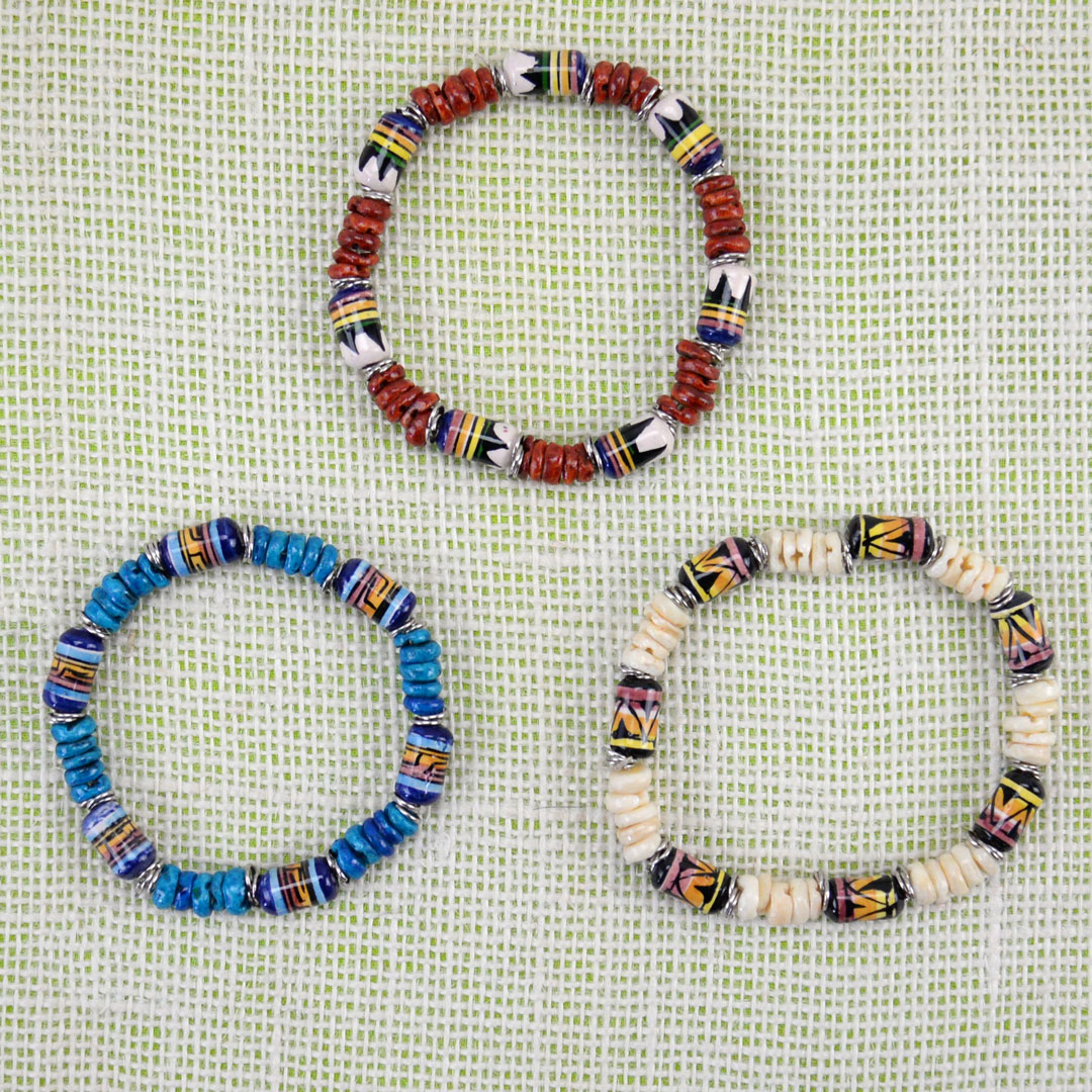 Ceramic Bead and Shell Bracelet bundle of 3